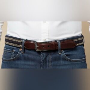 Brighton Men’s Elastic Cord Tab Taper Leather Belt Navy/Tan/Burgundy ~New~